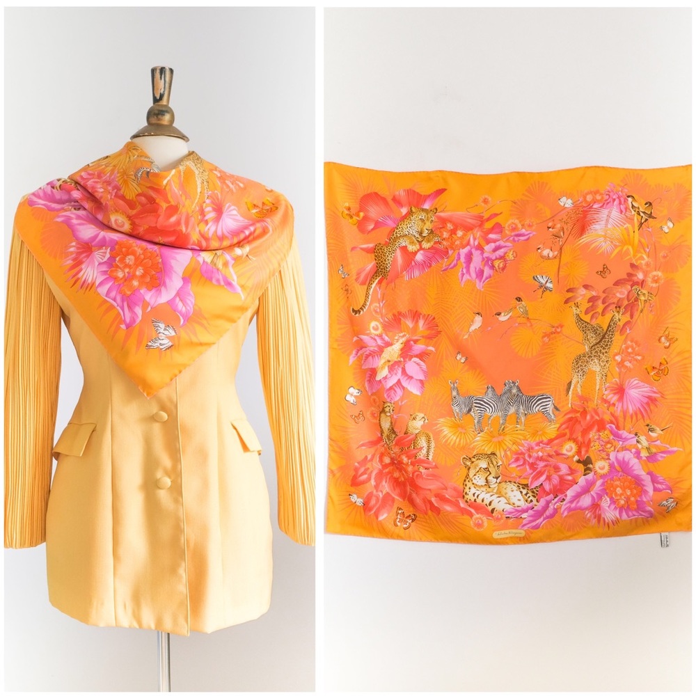 AUTHENTIC Salvatore Ferragamo Designer Jungle Print Silk Scarf